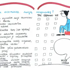 Rysunek przedstawia listę pytań do samooceny rozprawki z miejscem na zaznaczenie odpowiedzi oraz schematyczną postać siedzącej osoby.