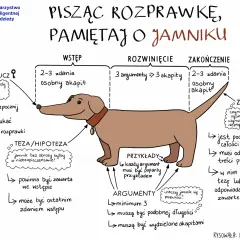 Ilustracja jamnika z opisem struktury rozprawki: wstęp, rozwinięcie, zakończenie.