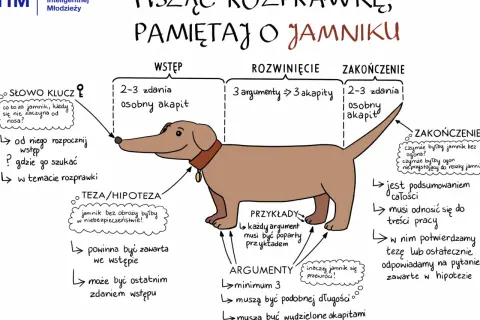Ilustracja jamnika z opisem struktury rozprawki: wstęp, rozwinięcie, zakończenie.