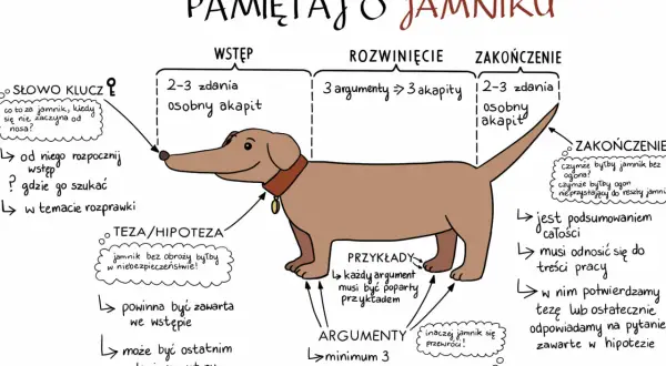 Ilustracja jamnika z opisem struktury rozprawki: wstęp, rozwinięcie, zakończenie.