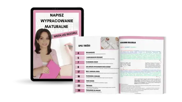 Kobieta w różowym żakiecie trzyma różową teczkę, obok tablet z napisem "Napisz wypracowanie maturalne".